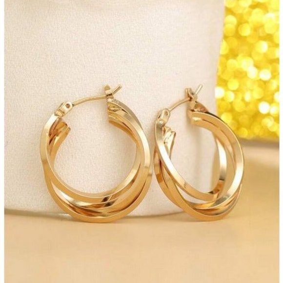 14K Gold Triple Wire Hoop Earrings Womens Round Hoops Ladies Jewelry 14 Karat K